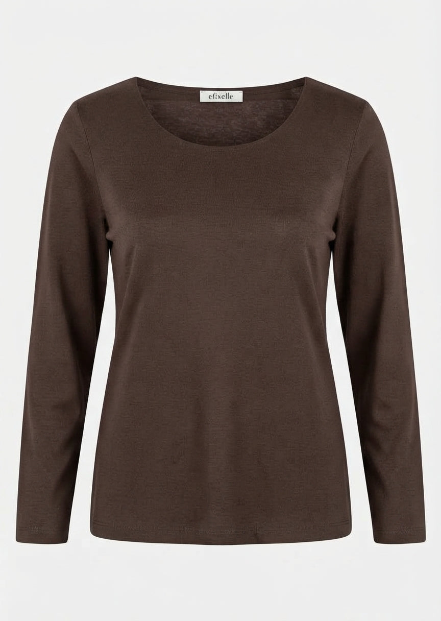 Efixelle Cotton Interlock Long Sleeve Double Front Tee with Scoopneck in Espresso