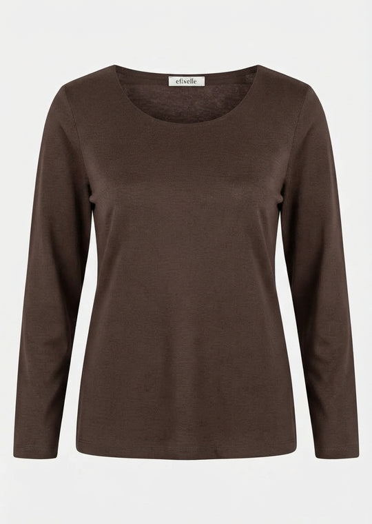Efixelle Cotton Interlock Long Sleeve Double Front Tee with Scoopneck in Espresso