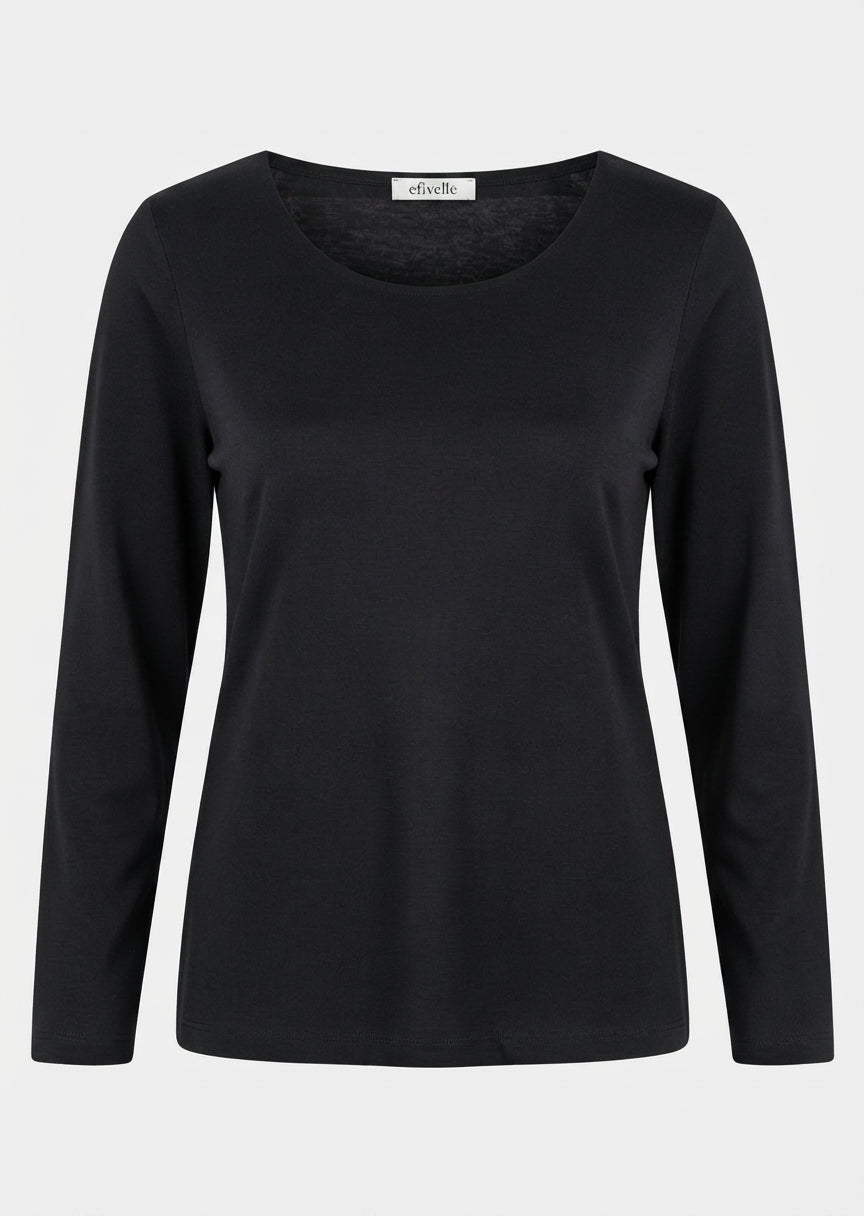 Black long-sleeve scoopneck tee shirt, front view, smooth cotton interlock knit