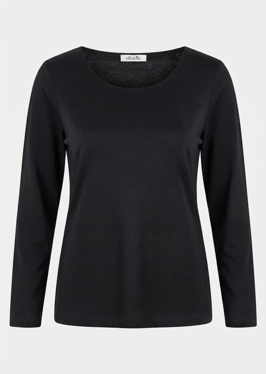 Efixelle Cotton Interlock Long Sleeve Double Front Tee with Scoopneck in Black