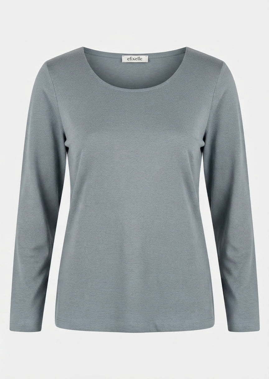 Efixelle Cotton Interlock Long Sleeve Double Front Tee with Scoopneck in Nebel