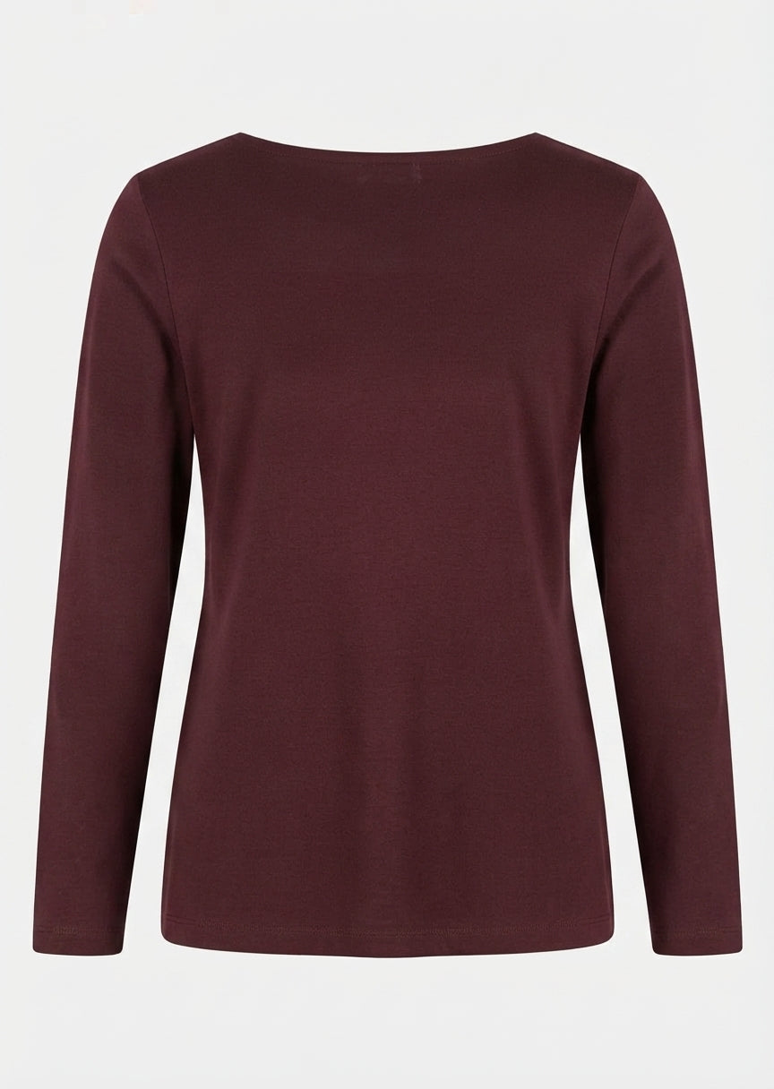 Efixelle Cotton Interlock Long Sleeve Double Front Tee with Scoopneck in Vino
