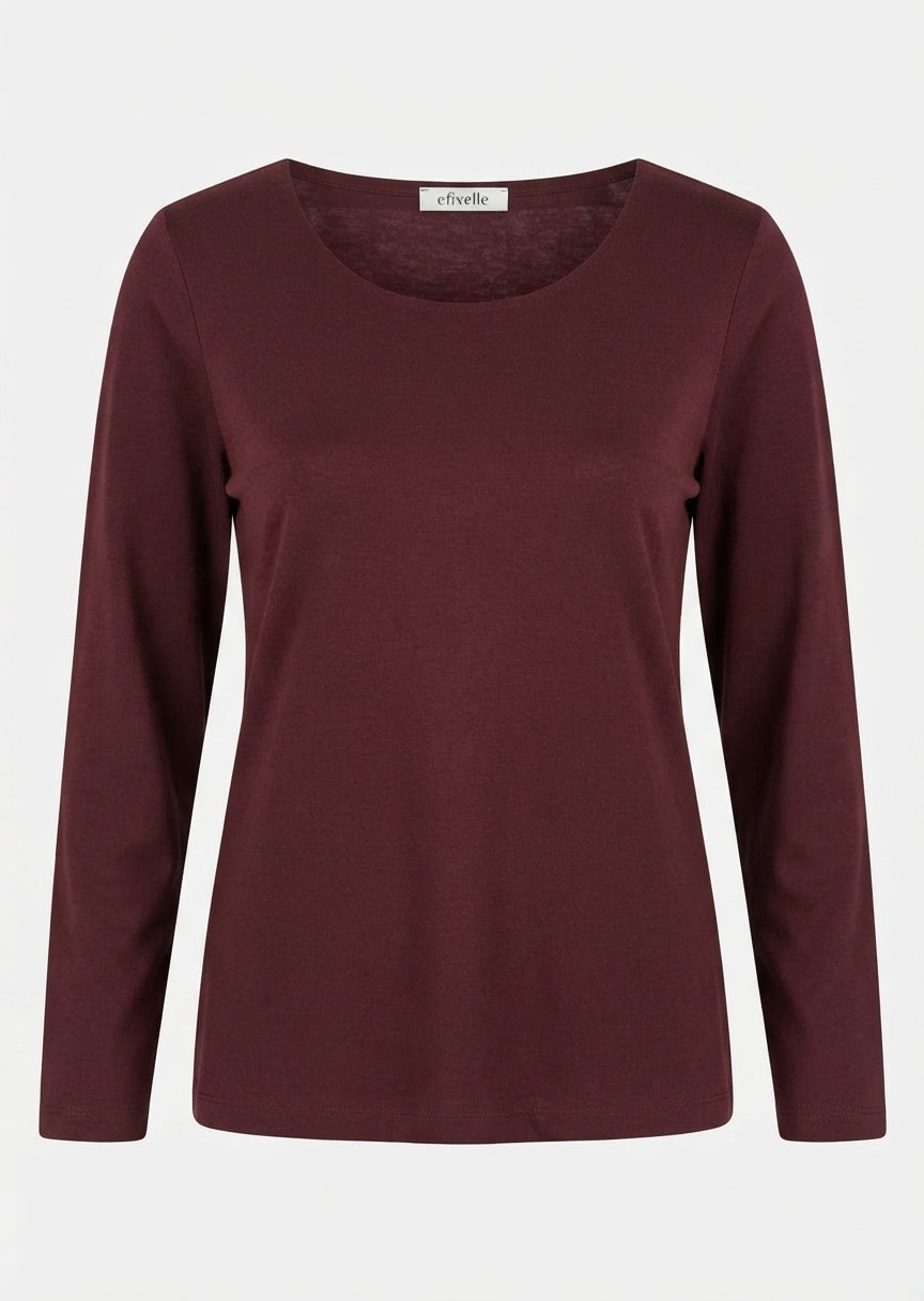 Efixelle Cotton Interlock Long Sleeve Double Front Tee with Scoopneck in Vino