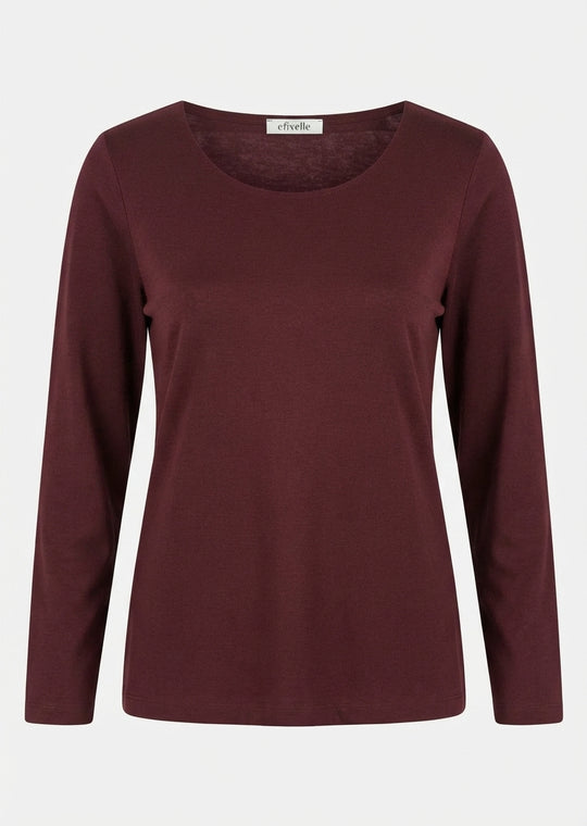 Efixelle Cotton Interlock Long Sleeve Double Front Tee with Scoopneck in Vino