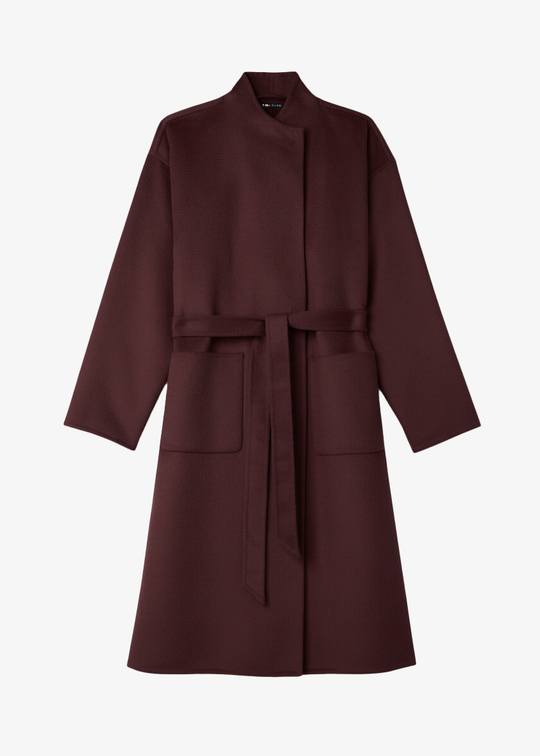 Eileen Fisher Lustrous Wool HIgh Collar Calf Length Coat in Cassis