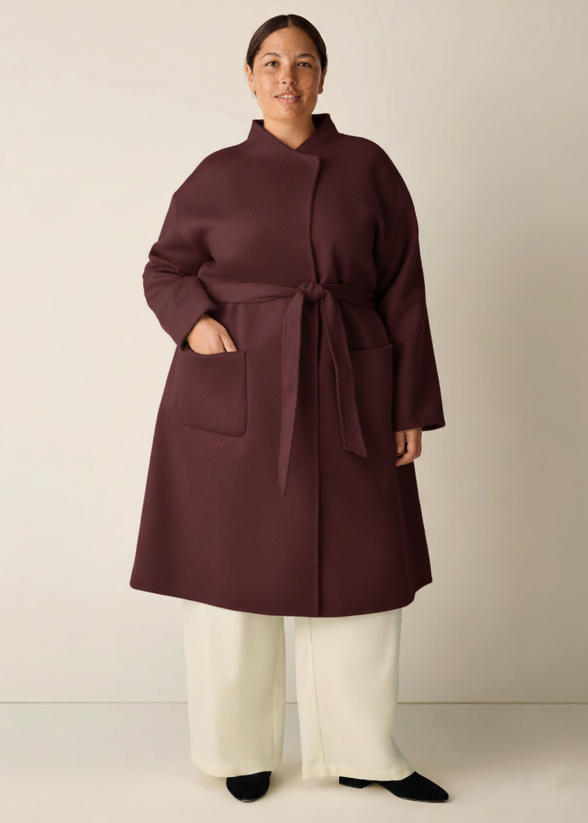 Eileen Fisher Lustrous Wool HIgh Collar Calf Length Coat in Cassis