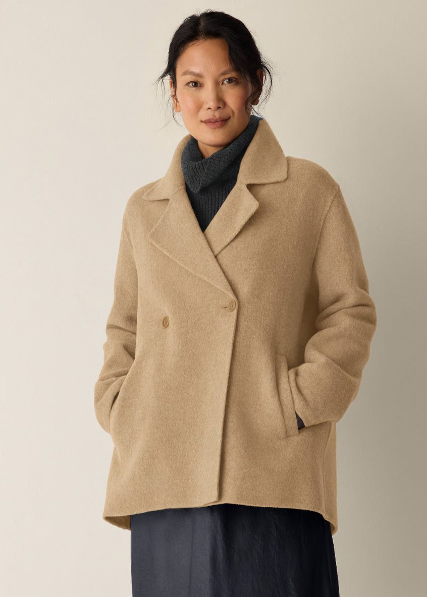 Eileen Fisher Doubleface Wool Cloud Notch Collar Knee Length Coat in Biscuit