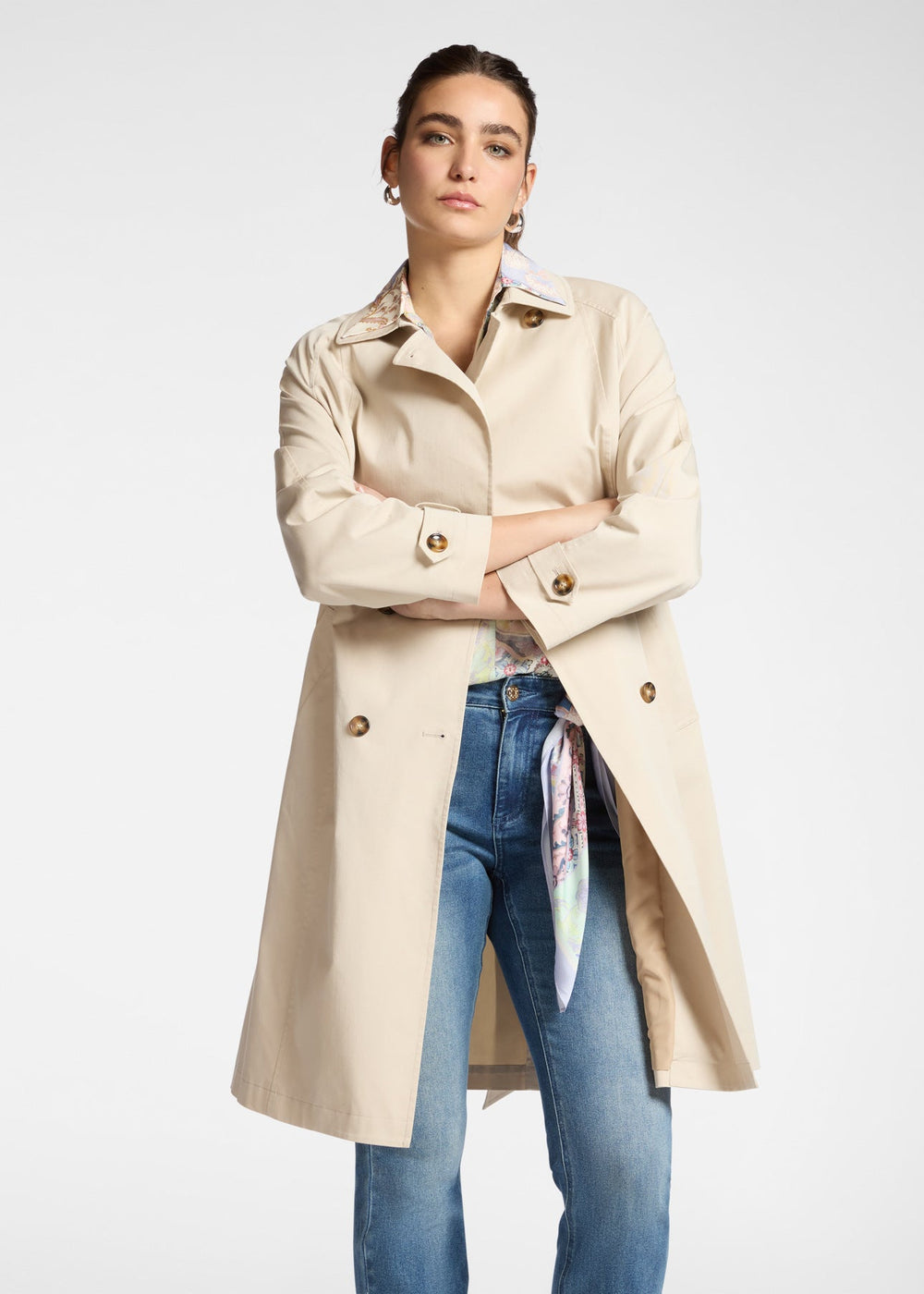front of plus size Elena Miro Stretch Cotton Gabardine Trench Coat in Juta