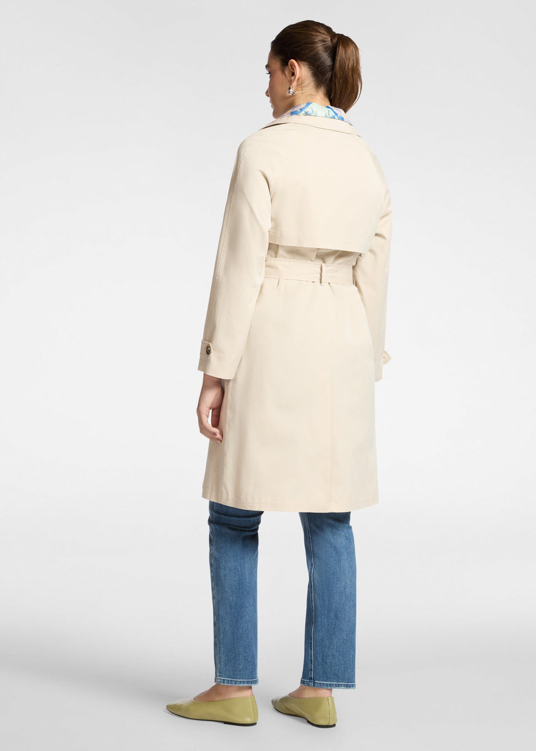 back of plus size Elena Miro Stretch Cotton Gabardine Trench Coat in Juta
