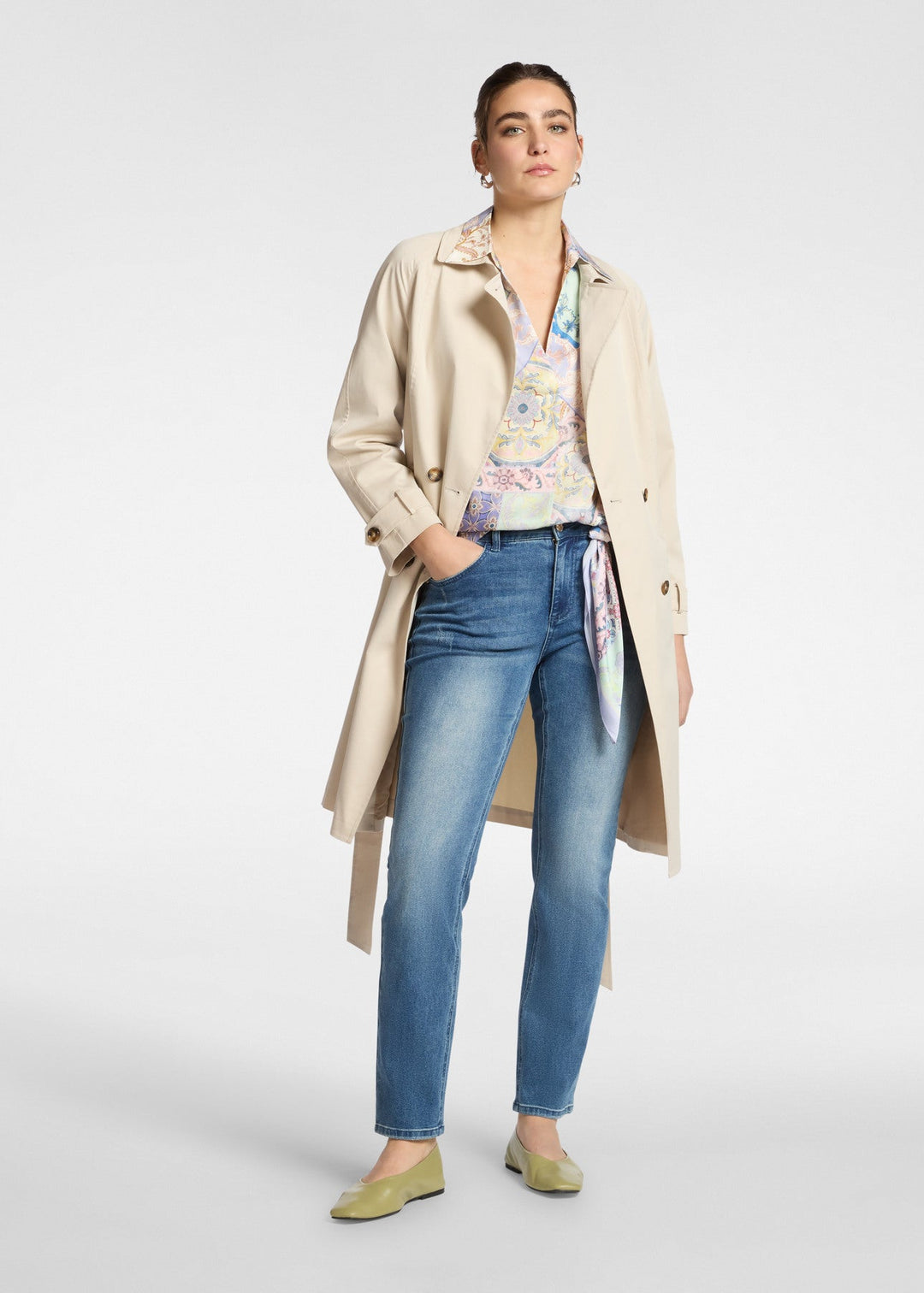 front of plus size Elena Miro Stretch Cotton Gabardine Trench Coat in Juta