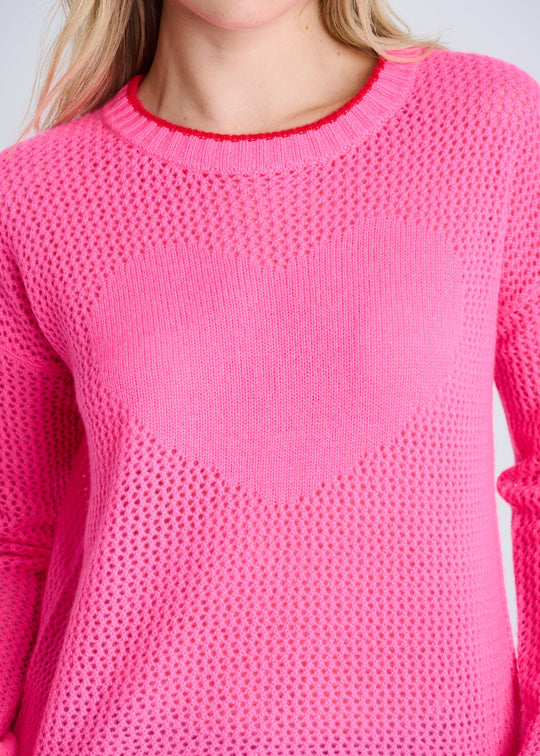 close up front view of plus size Lisa Todd Open For Love Waffle Knit Long Sleeve Sweater with Heart in Neon Pink