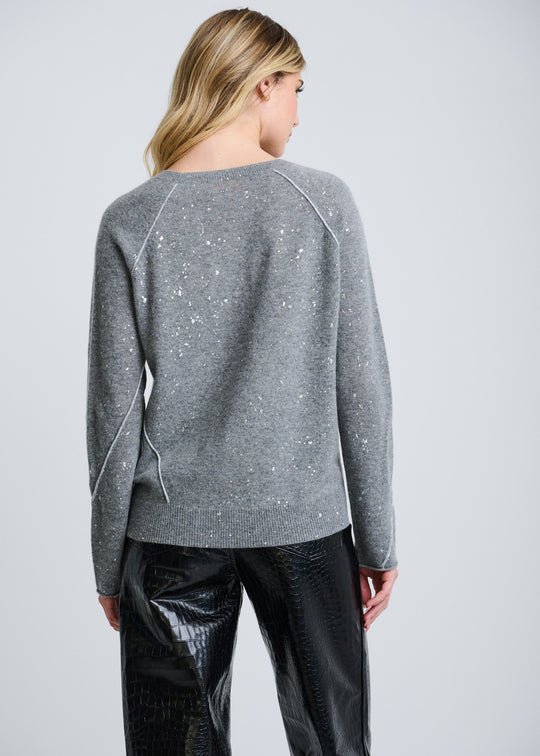 back view of plus size Lisa Todd Long Sleeve Diamond Dust Cashmere Sweater in Fog