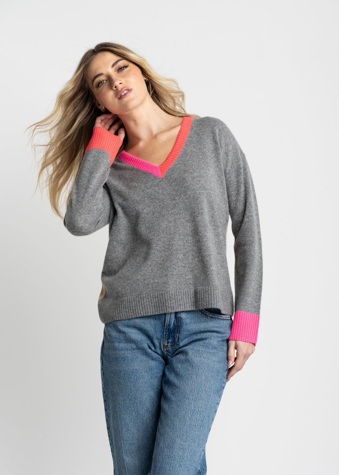 front view of plus size Lisa Todd Color Wheel V Neck Sweater in Fog Caramel