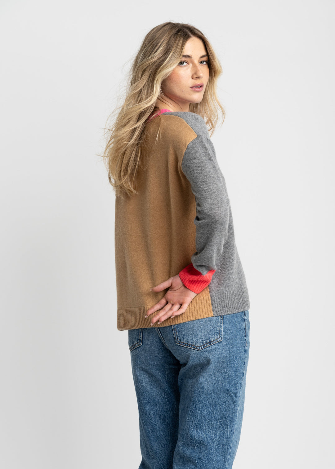 back view of plus size Lisa Todd Color Wheel V Neck Sweater in Fog Caramel
