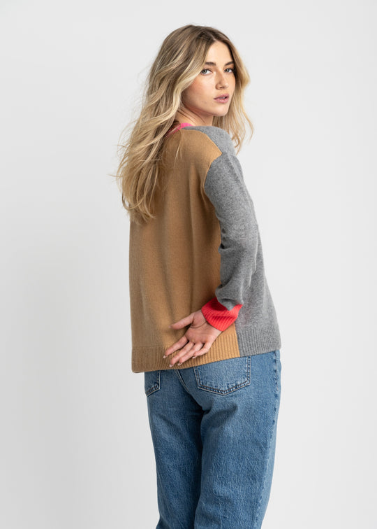back view of plus size Lisa Todd Color Wheel V Neck Sweater in Fog Caramel
