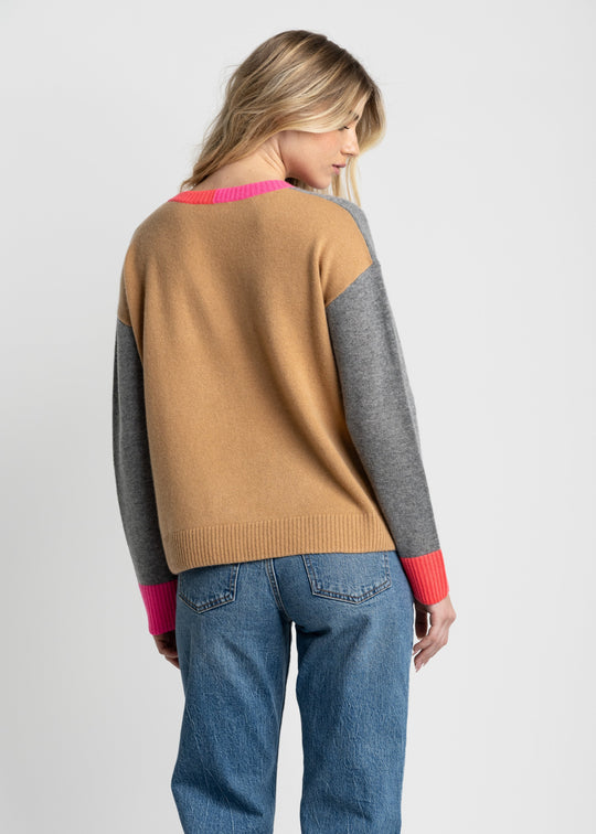 front view of plus size Lisa Todd Color Wheel V Neck Sweater in Fog Caramel