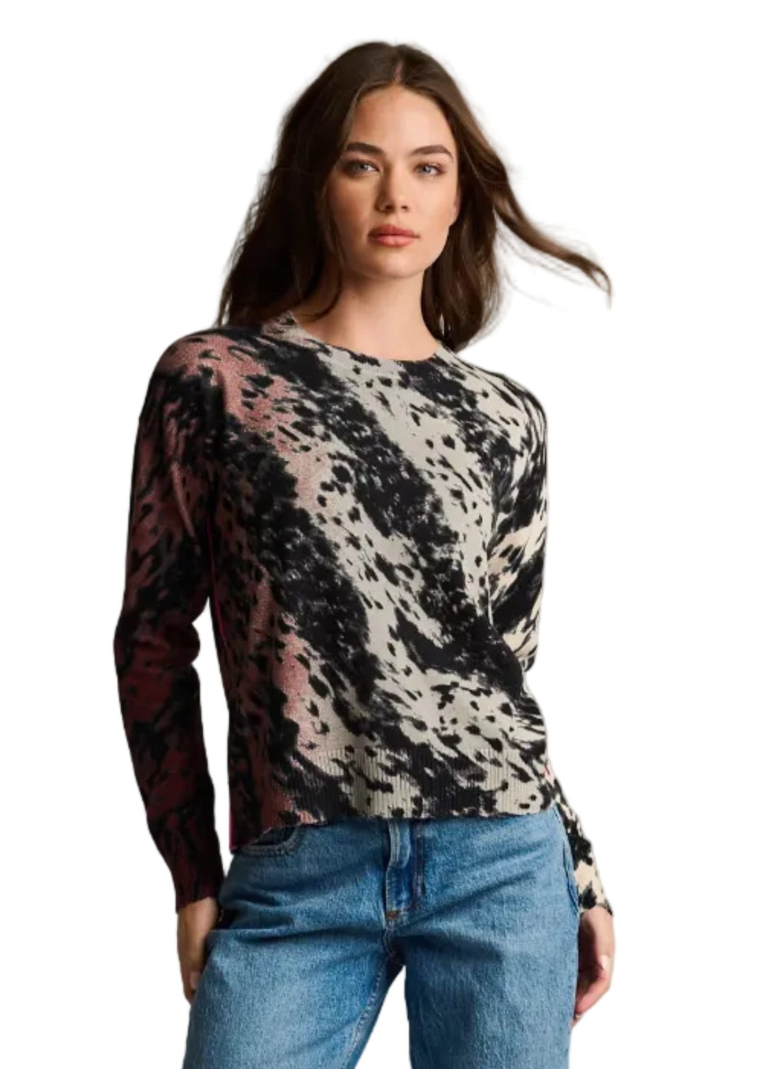 Abstract long-sleeve sweater with crew neck; dark brown and cream pattern
