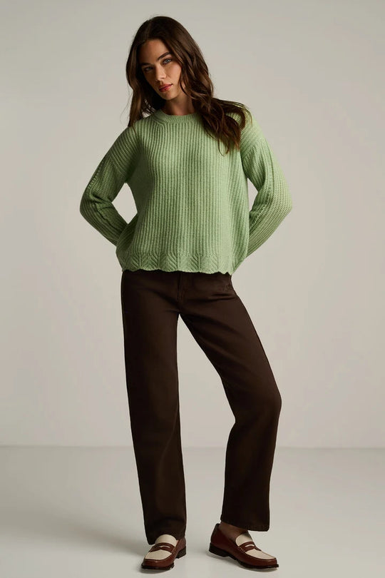 Lisa Todd Pure Ruffle Long Sleeve Cashmere Sweater with Scalloped Hem in Sage