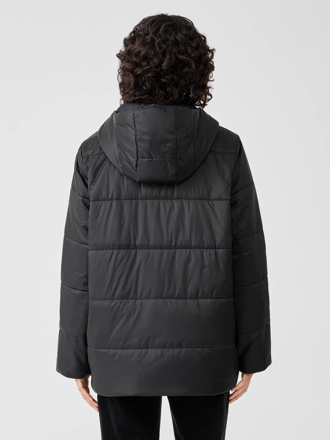Eileen Fisher Eggshell Recycled Nylon Short Hooded Puffer in Black