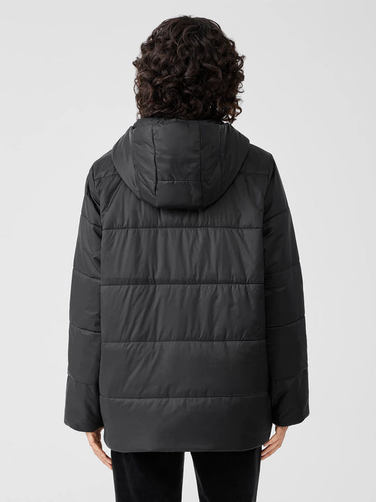 Eileen Fisher Eggshell Recycled Nylon Short Hooded Puffer in Black