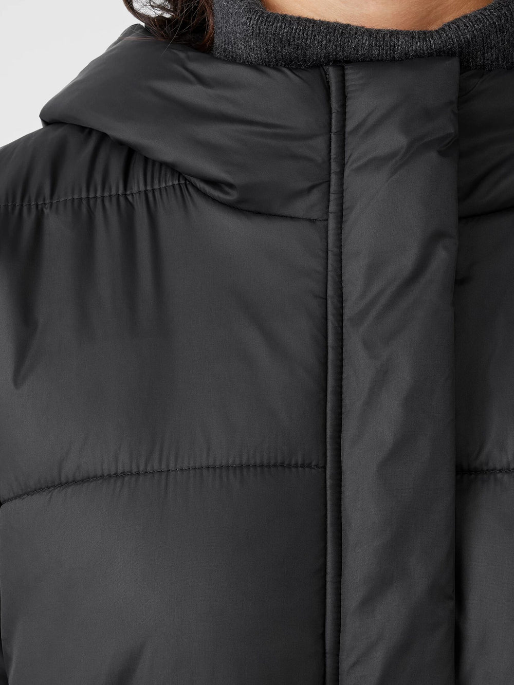 Eileen Fisher Eggshell Recycled Nylon Short Hooded Puffer in Black
