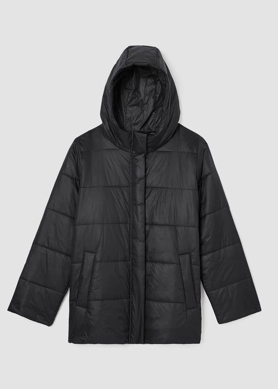 Eileen Fisher Eggshell Recycled Nylon Short Hooded Puffer in Black