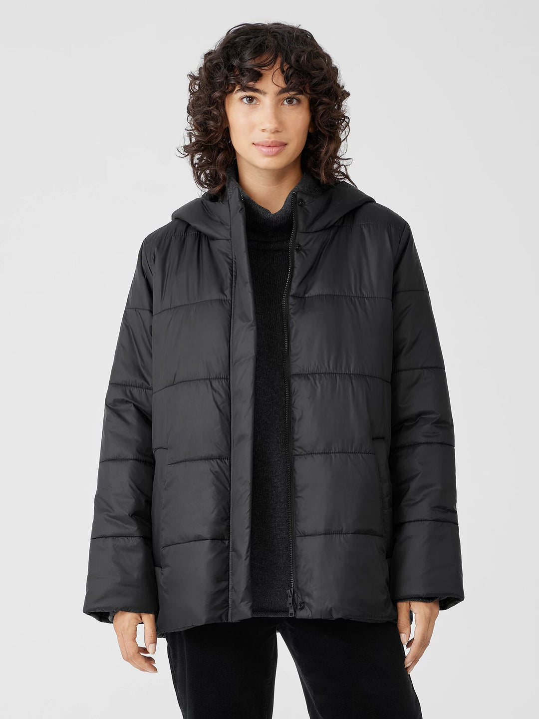 Eileen Fisher Eggshell Recycled Nylon Short Hooded Puffer in Black