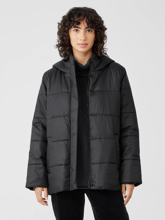 Eileen Fisher Eggshell Recycled Nylon Short Hooded Puffer in Black
