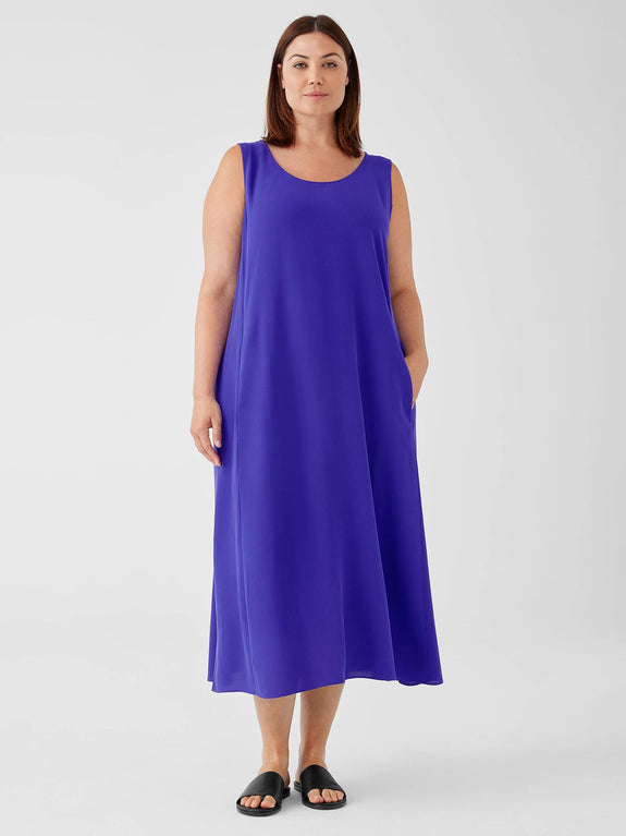 Eileen Fisher Silk Georgette Crepe Full Length Sleeveless Dress in Blue Violet