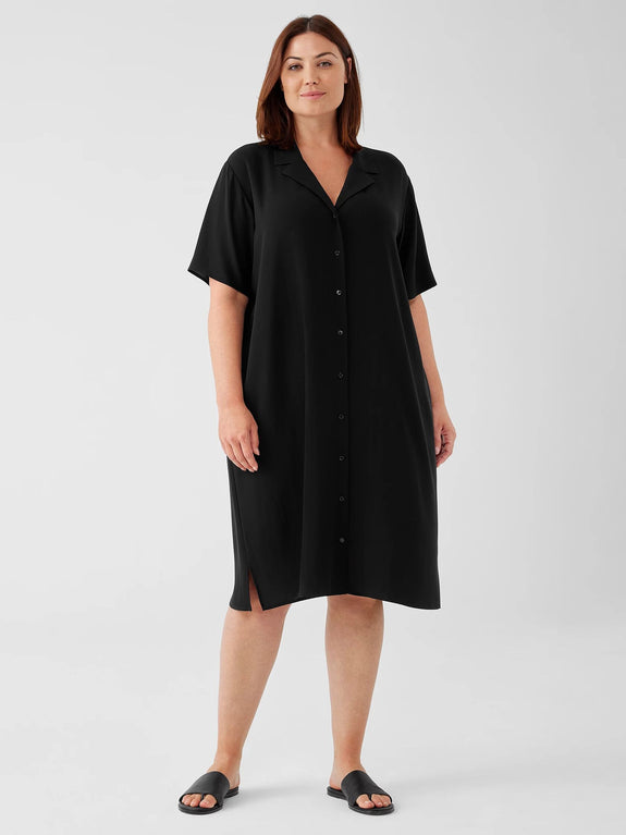 Eileen Fisher Silk Georgette Crepe Shirt Dress in Black