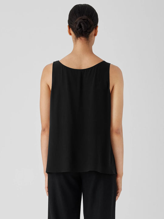 Eileen Fisher Silk Georgette Crepe Scoop neck Tank in Black