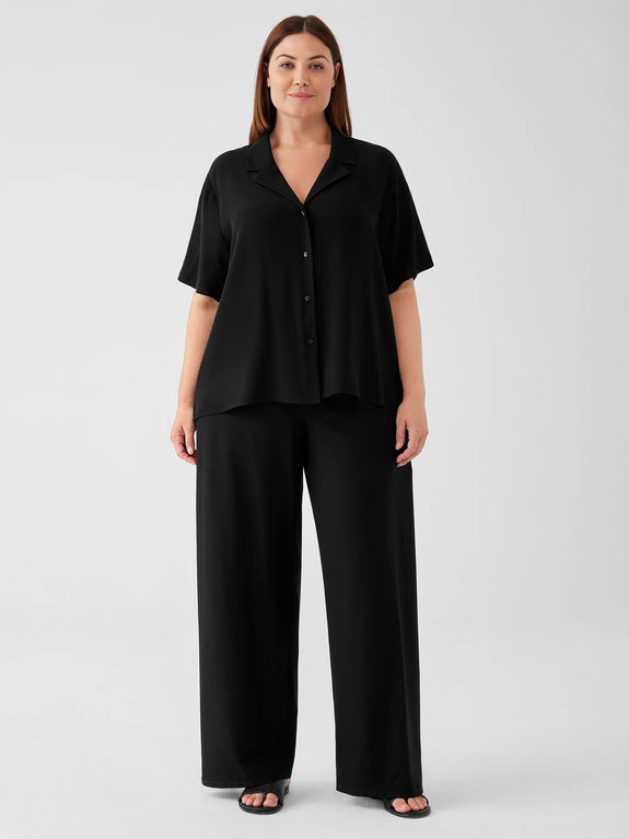 Eileen Fisher Washable Stretch Crepe High Waisted Full Length Wide Pant in Black