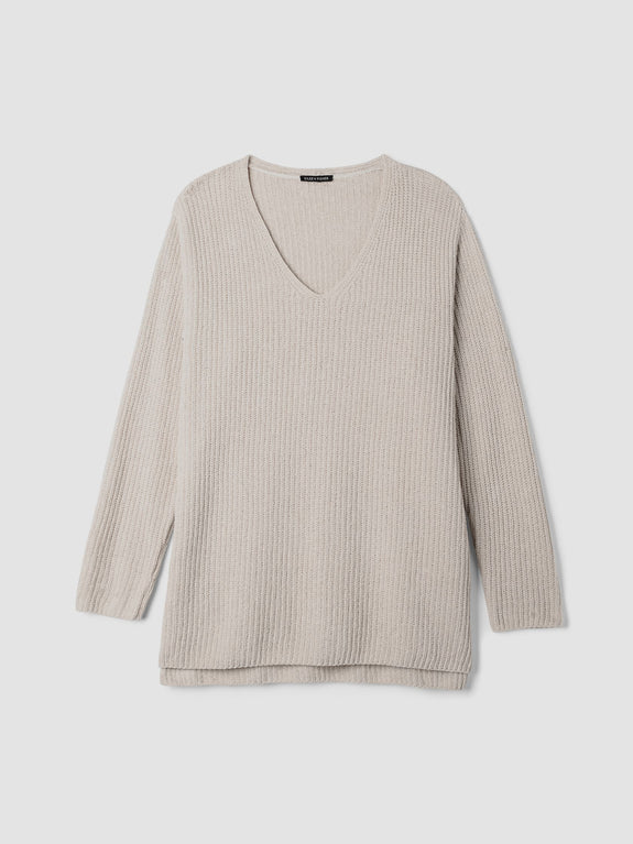 Eileen Fisher Organic Cotton Chenille V-Neck Sweater in Almond