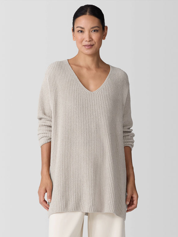 Eileen Fisher Organic Cotton Chenille V-Neck Sweater in Almond