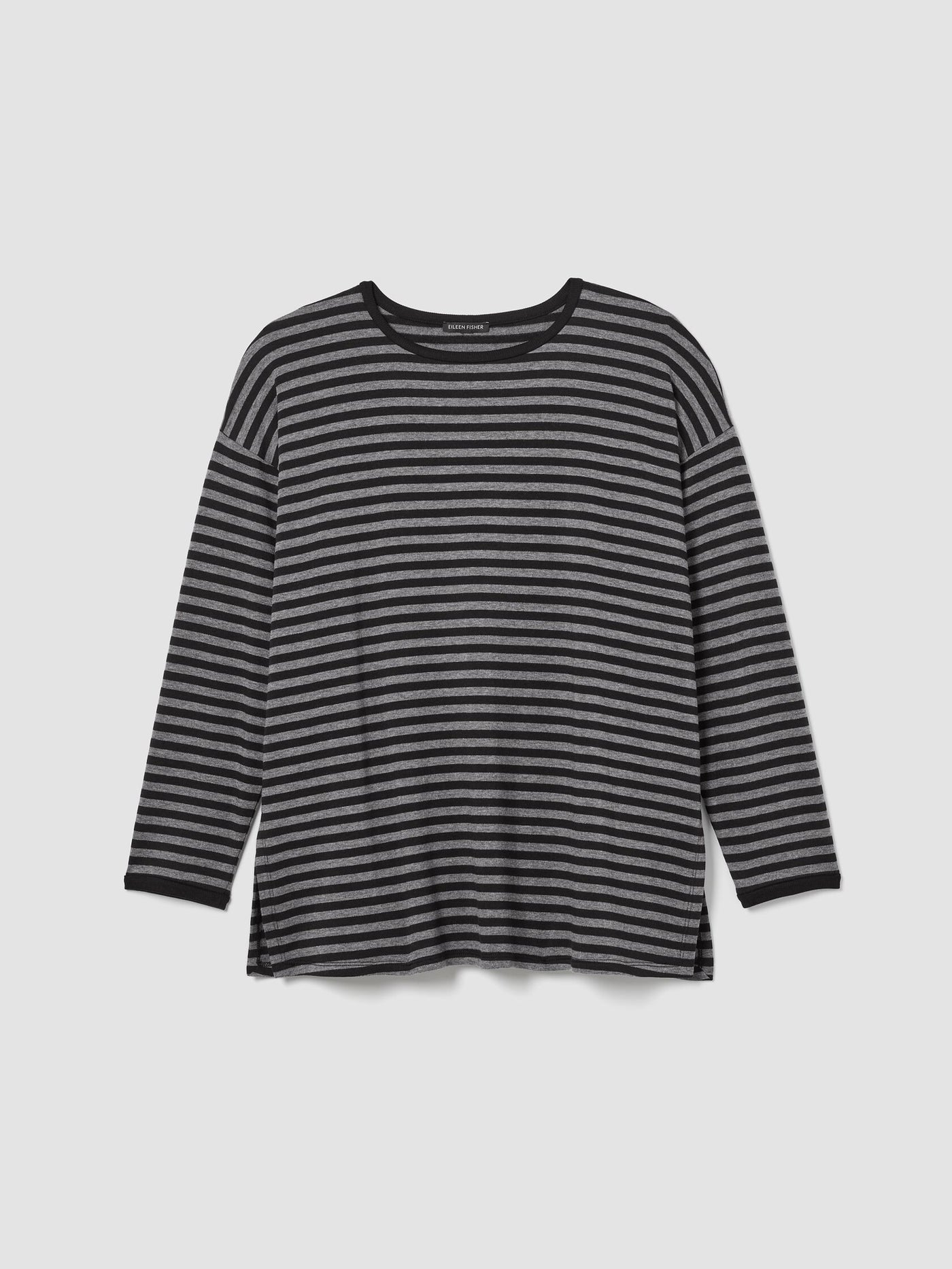 Eileen Fisher Striped Cozy Brushed Terry Side slit Tunic in Black/Ash