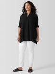 Eileen Fisher Silk Georgette Stand collar Pleat Front Tunic in Black