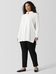 Eileen Fisher Silk Georgette Stand collar Pleat Front Tunic in Ivory