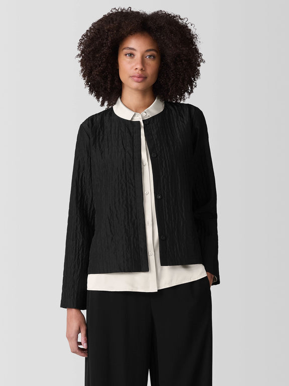 Eileen Fisher Silk Habutai Round Neck Jacket in Black