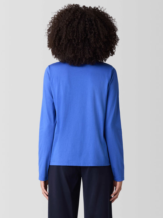 Eileen Fisher Pima Cotton Round Neck Long Sleeve Tee in Blue Star