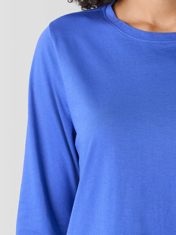 Eileen Fisher Pima Cotton Round Neck Long Sleeve Tee in Blue Star