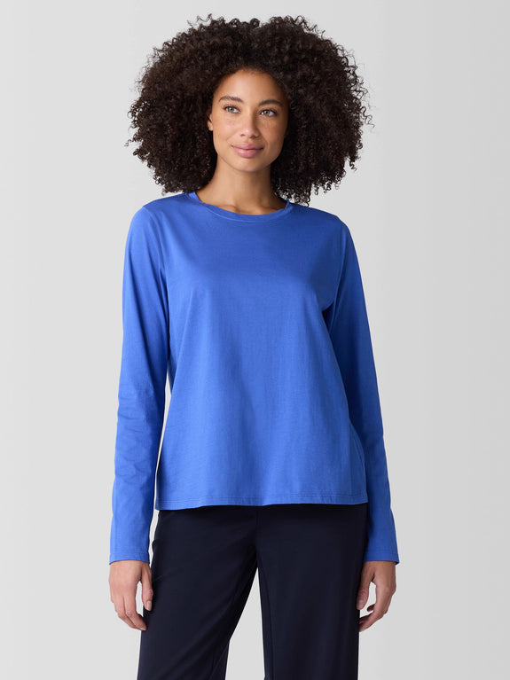 Eileen Fisher Pima Cotton Round Neck Long Sleeve Tee in Blue Star