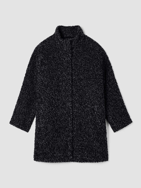 Eileen Fisher Curly Alpaca High Collar Knee Length Coat in Black/Ash