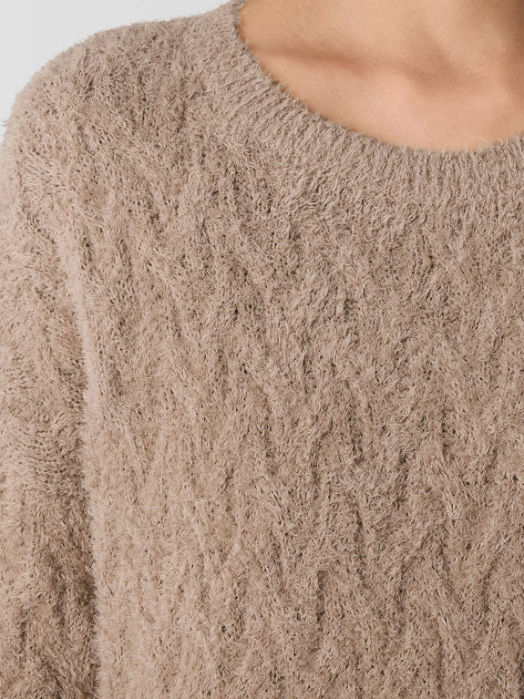 Eileen Fisher Fringed Organic Cotton Crew Neck Sweater in Biscuit