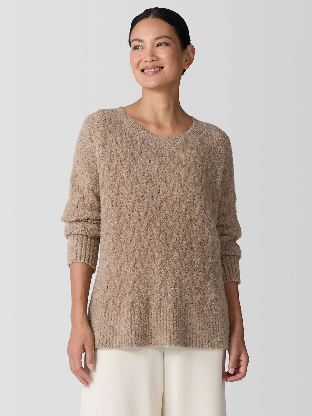 Eileen Fisher Fringed Organic Cotton Crew Neck Sweater in Biscuit