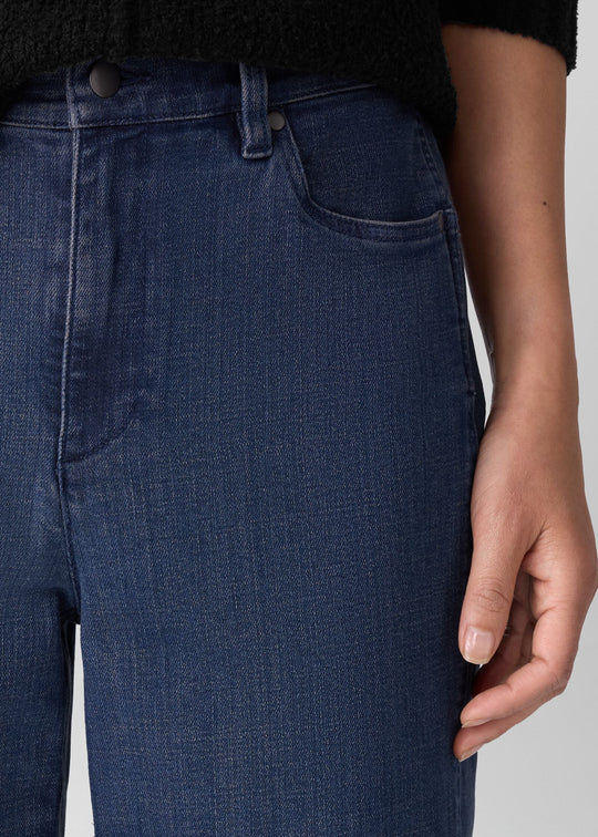 close up front view of plus size Eileen Fisher Cotton Str. Denim Ankle Lantern Jean in Med. Indigo