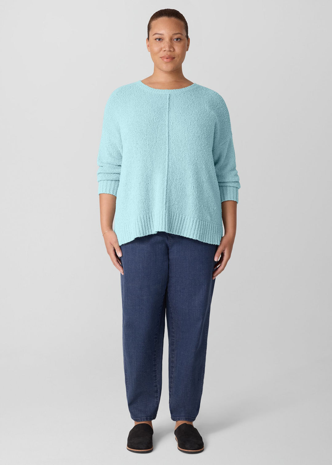 front view of plus size Eileen Fisher Cotton Str. Denim Ankle Lantern Jean in Med. Indigo
