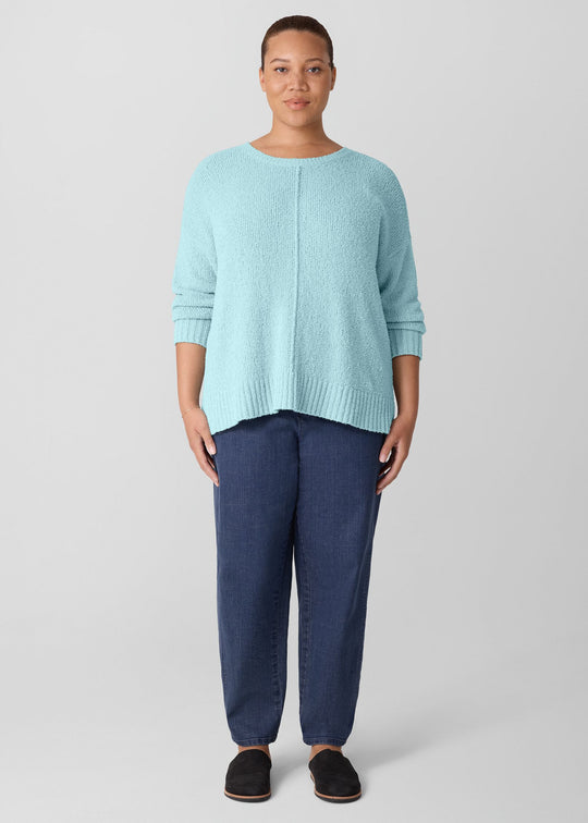 front view of plus size Eileen Fisher Cotton Str. Denim Ankle Lantern Jean in Med. Indigo