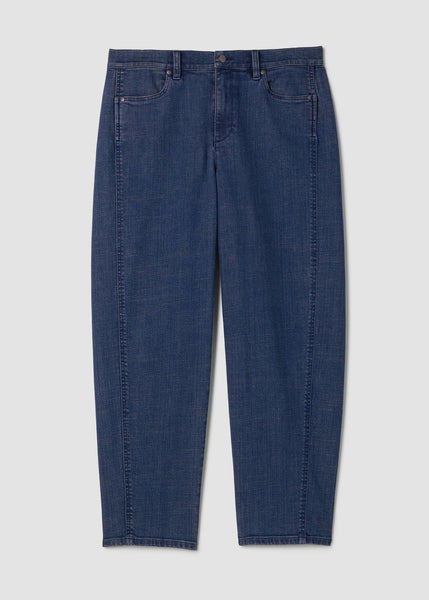 front view of plus size Eileen Fisher Cotton Str. Denim Ankle Lantern Jean in Med. Indigo