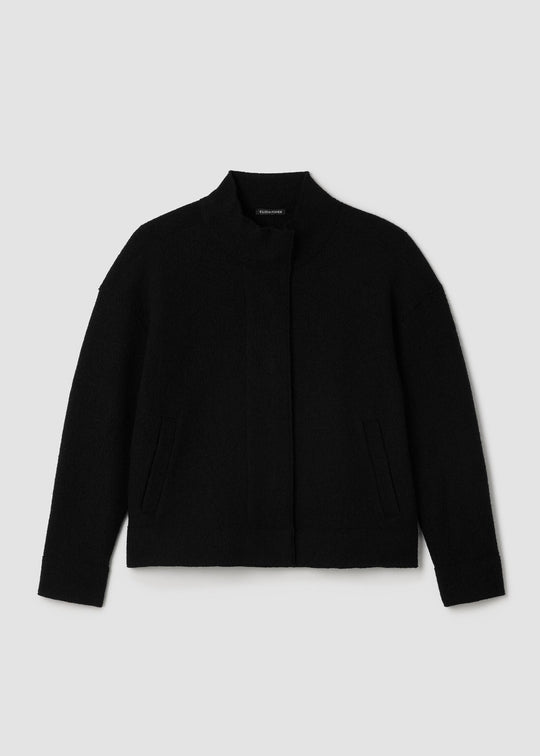 front view of plus size Eileen Fisher Light Weight Boiled Wool Stand Collar Jacket W. Pockets in Black