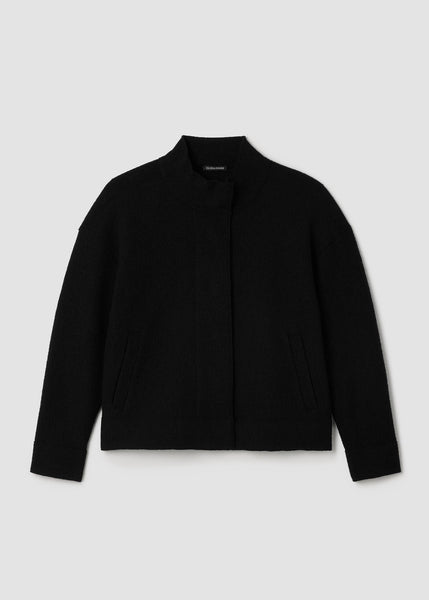 front view of plus size Eileen Fisher Light Weight Boiled Wool Stand Collar Jacket W. Pockets in Black